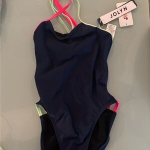 Jolyn Clothing Navy One-Piece with Pink and Neon Green Straps